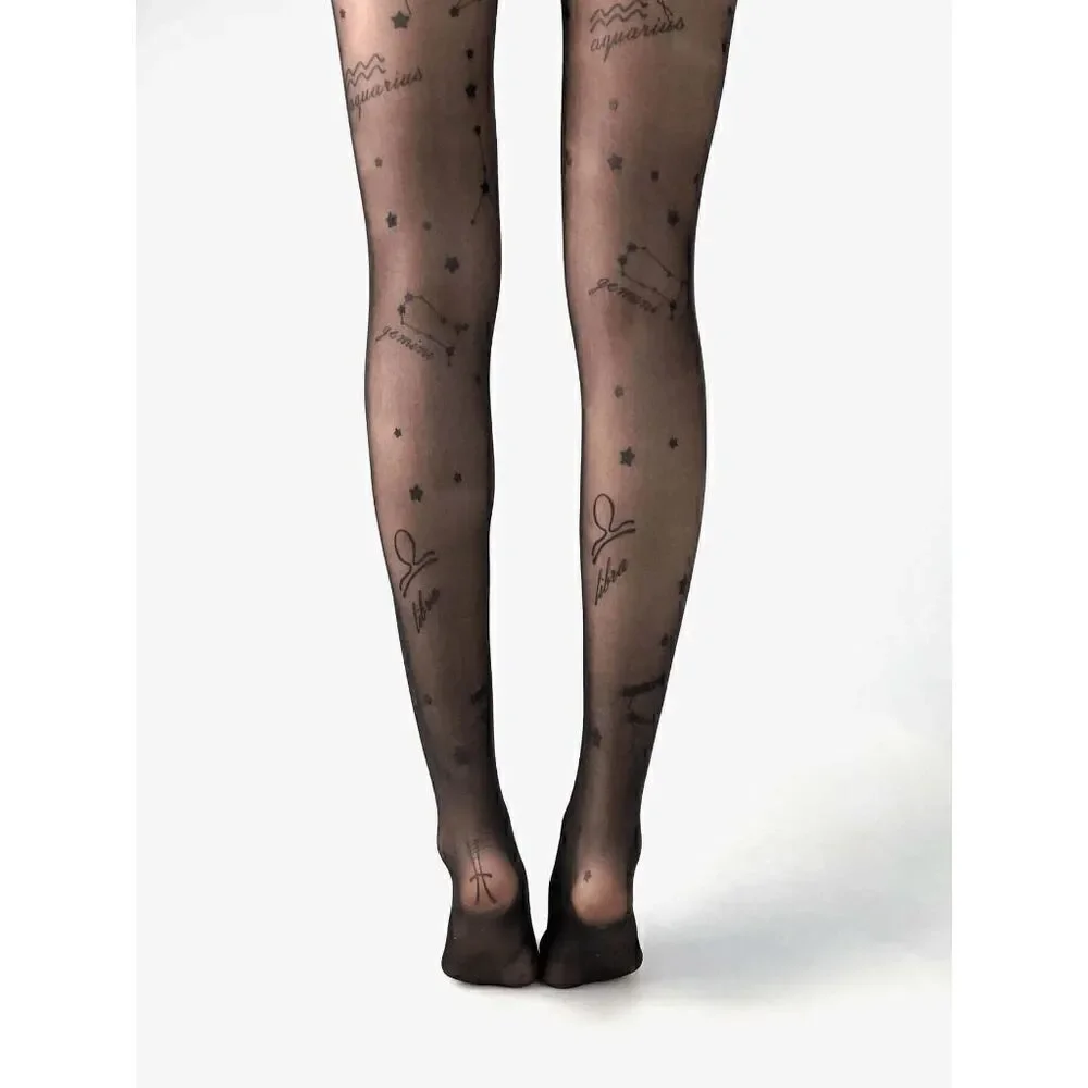 ⭐ Astrology Zodiac Constellations Celestial Print Black Sheer Nylon Tights NEW